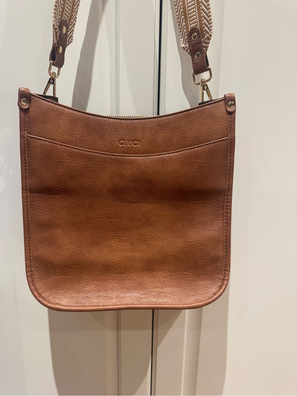Brown Leather Shoulder Bag with Striped Strap - Picture 6 of 12